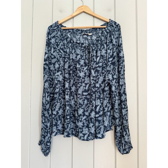 Faherty Emery Peasant Blouse Top M Medium Blue Boho Floral Long Sleeve - Picture 1 of 6
